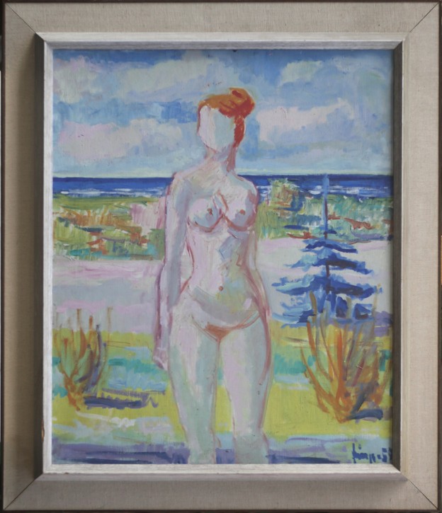  unleserlich signiert - weibl. Akt am Strand