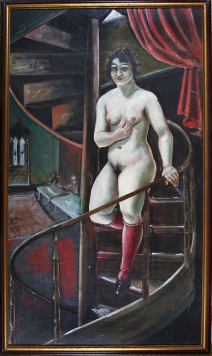 Per Mansson<br>weiblicher Akt mit roten Strümpfen auf der Wendeltreppe